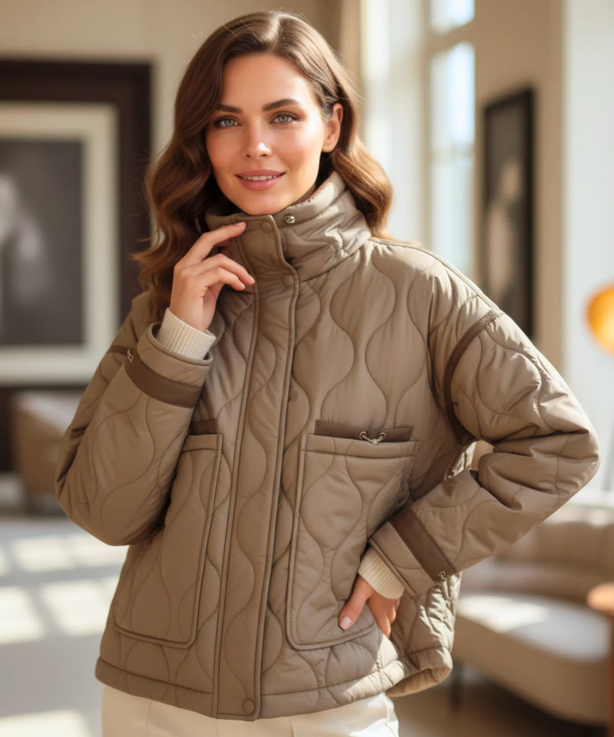 Damen Oversized Pufferjacke in Olivgrün mit geometrischer Steppung