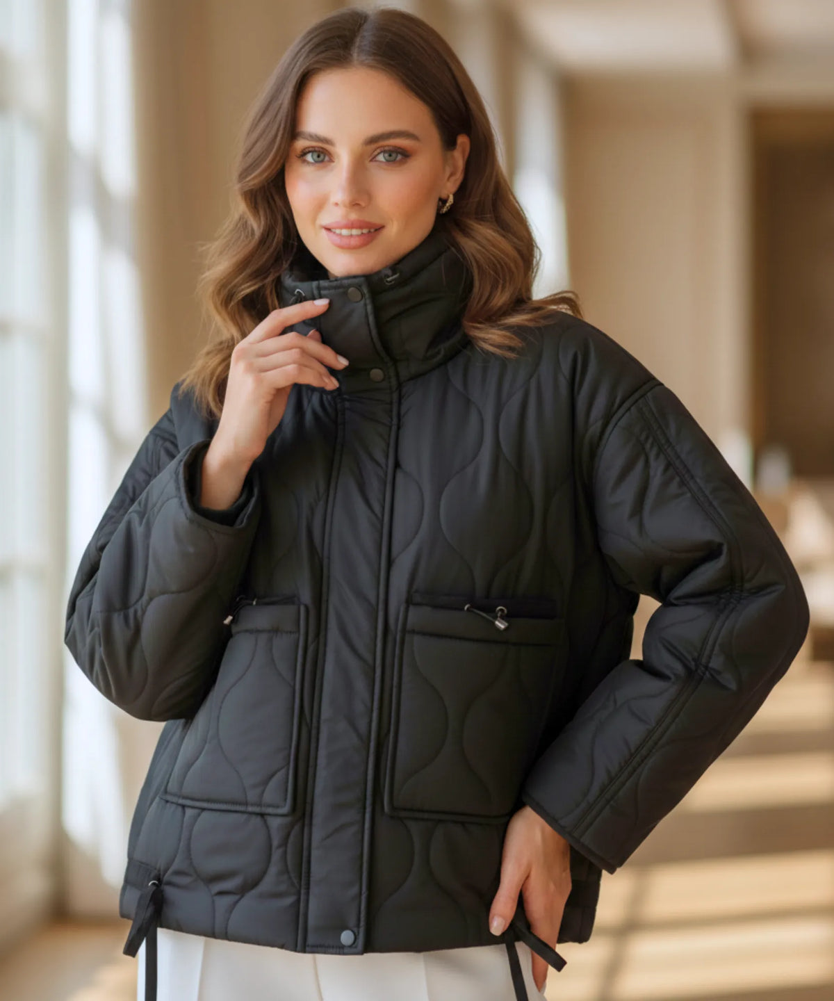 Damen Oversized Pufferjacke in Mokka – Vorderansicht