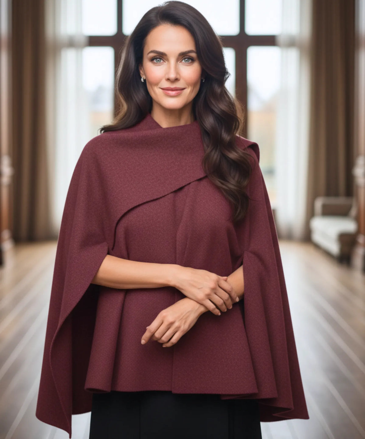 Damen Wollmantel mit Oversized-Ärmeln in Burgund