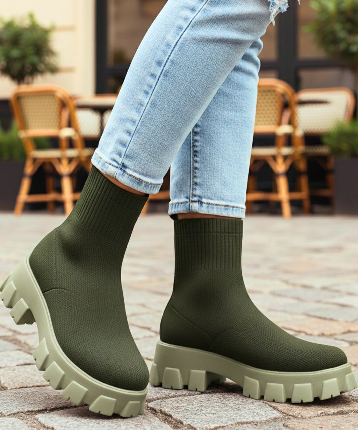 Damen Sockenstiefel in Weiß auf städtischem Untergrund, griffige Sohle sichtbar