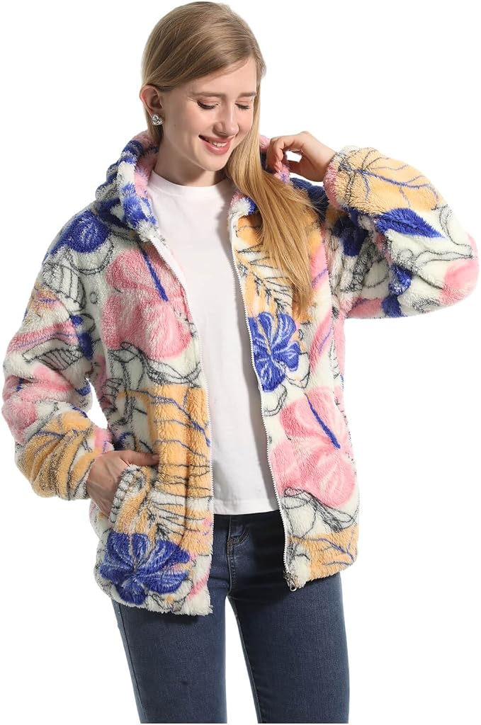 Damen Fleece-Jacke mit buntem Blumenmuster und durchgehendem Reißverschluss
