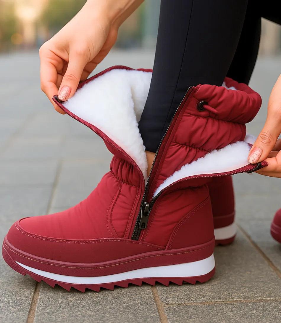 Damen wasserdichte Puffer-Stiefel Sherpa-Futter Seitenansicht schwarz