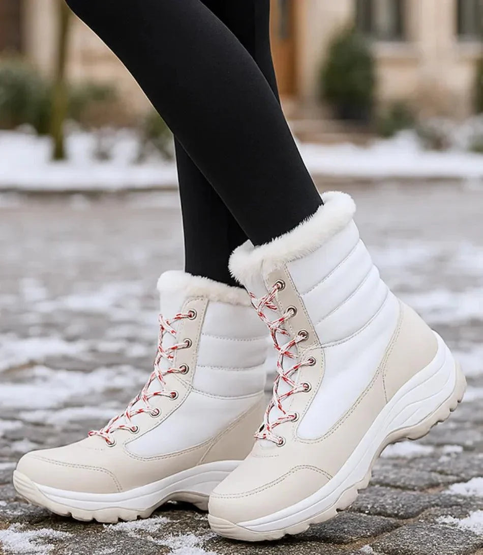 Damen wasserdichte Winterstiefel in Schwarz mit Fellborte und Schnürverschluss
