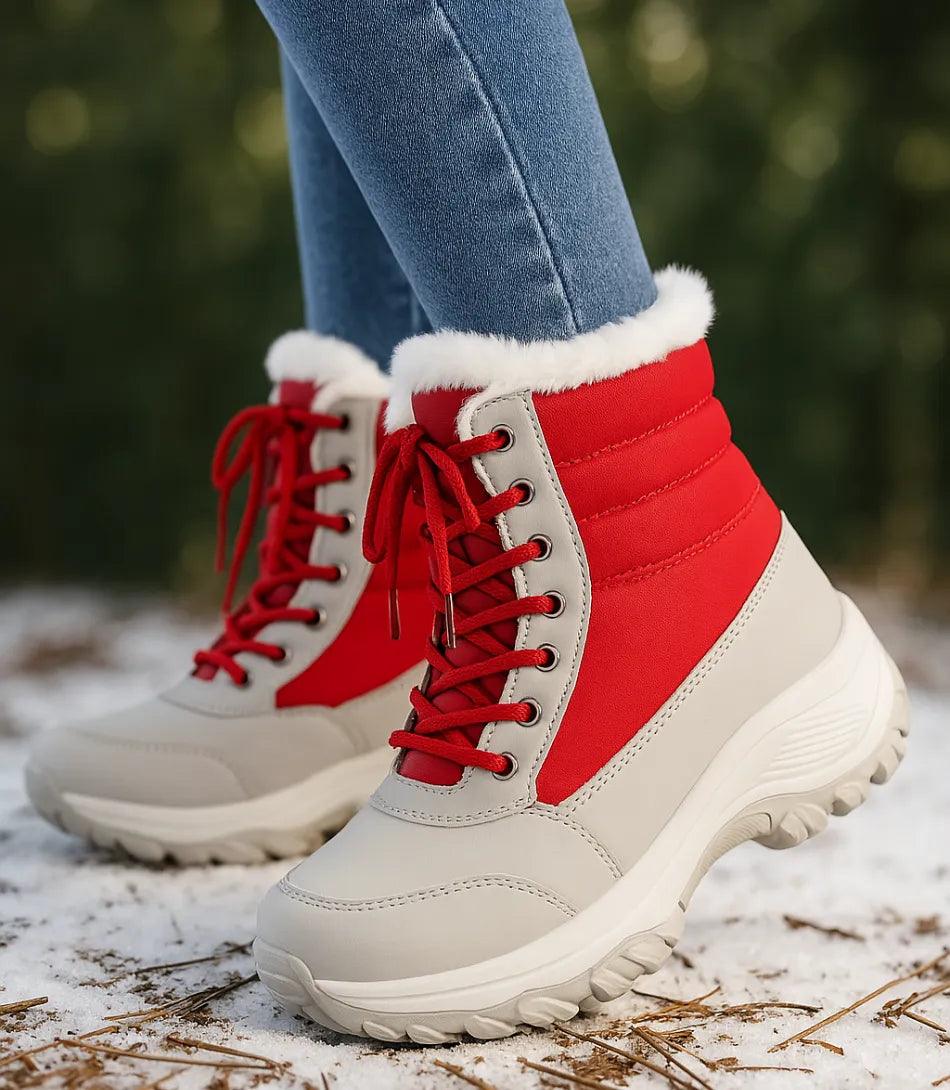 Rote Damen Winterstiefel mit Fellborte, Schnürverschluss und Thermofutter