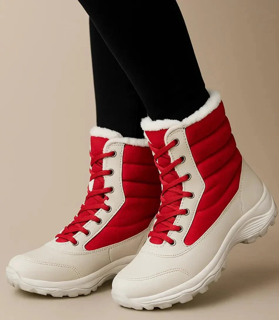 Zweifarbige Winterstiefel Damen Schwarz-Weiß mit weicher Fellborte