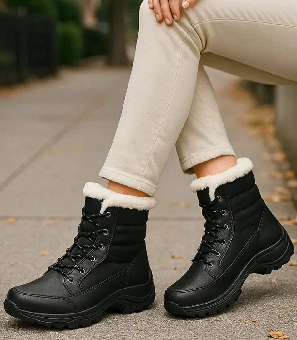 Wasserdichte Stiefel Damen Navy – Detailansicht Sohle und Kunstlederpaneel