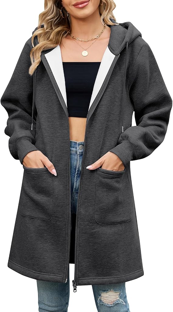 Lange Damen Kapuzenjacke in Hellgrau – entspannte Passform