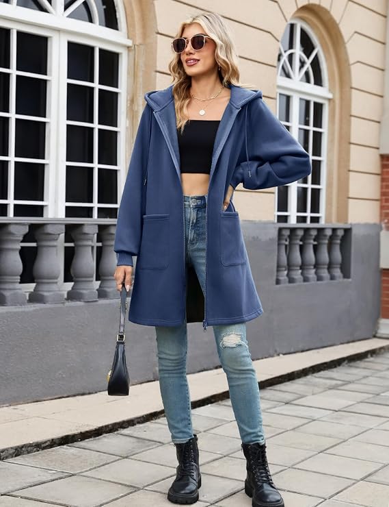 Aufgesetzte Vordertaschen der langen Elvienne Damen Kapuzenjacke