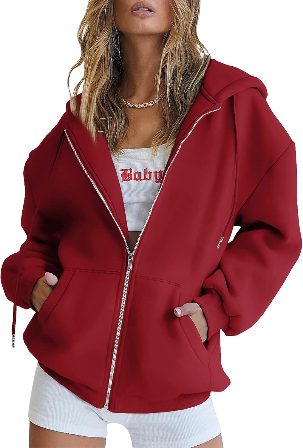 Damen Hoodie mit Vordertaschen in Hellbraun – Detailansicht Taschen