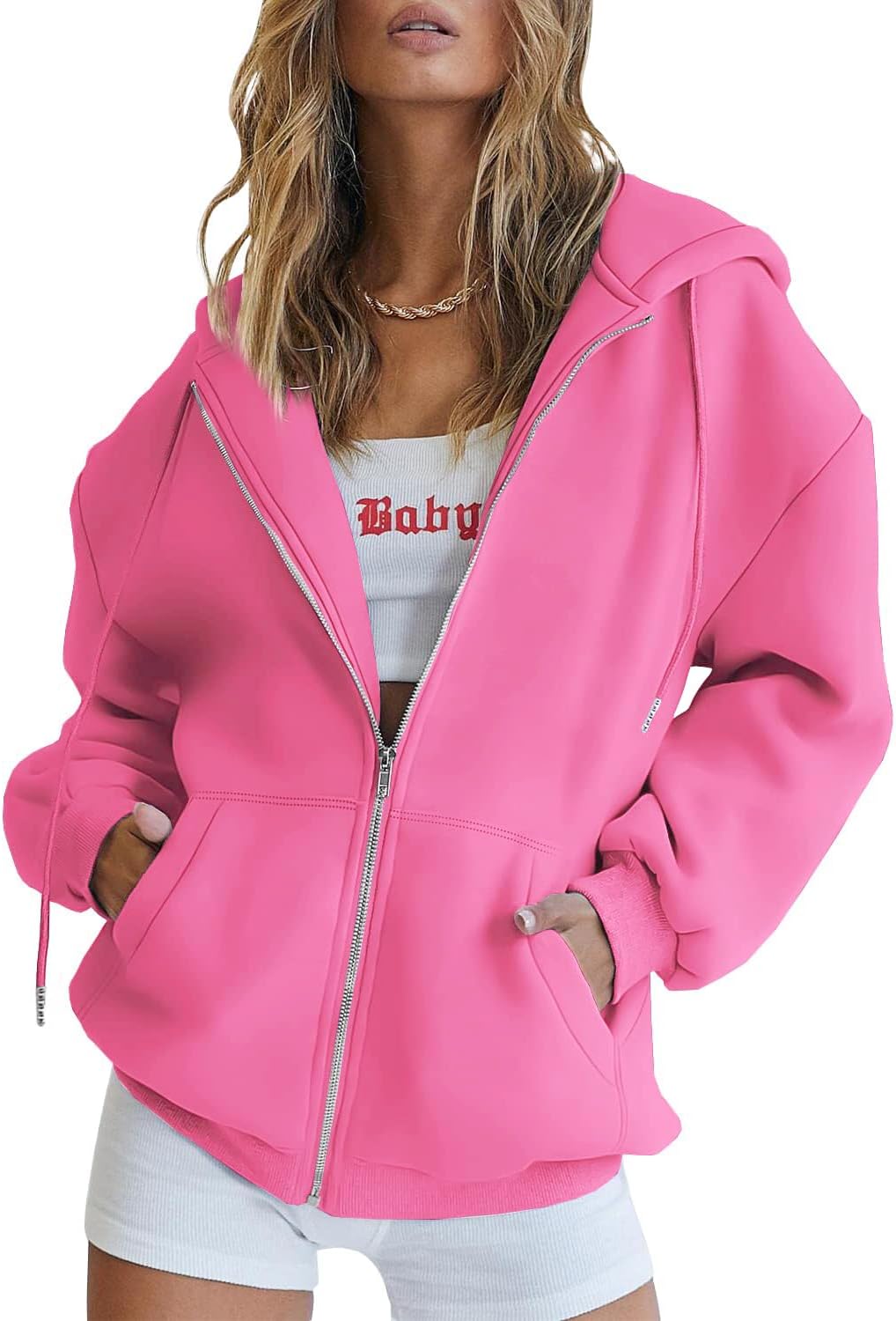 Roter Oversized Hoodie mit durchgehendem Reißverschluss – Damenmode
