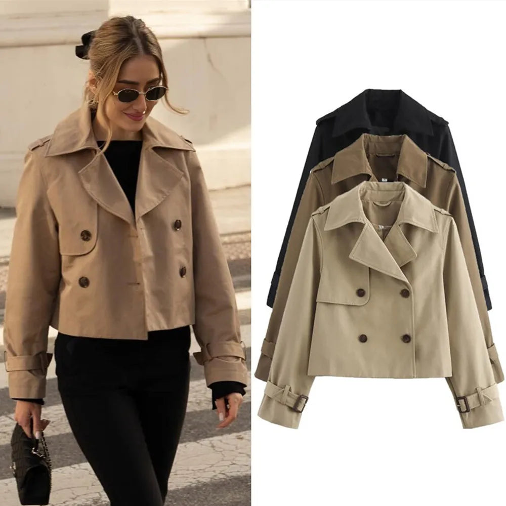 Mara Damen Crop-Jacke in Khaki mit zweireihigem Verschluss und Umlegekragen