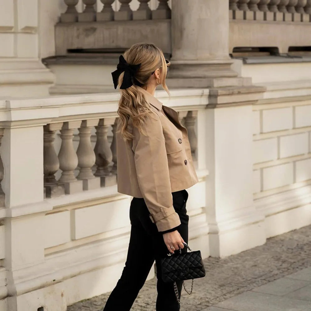 Braune Damen Crop-Jacke aus Polyester mit Knopfdetails und Taschen